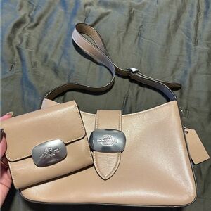 Coach Beige Leather Shoulder Bag and Wallet Set